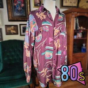 Vintage 80s GOOUCH Mens Multicolor Abstract Long Sleeve Button Up Shirt - Medium